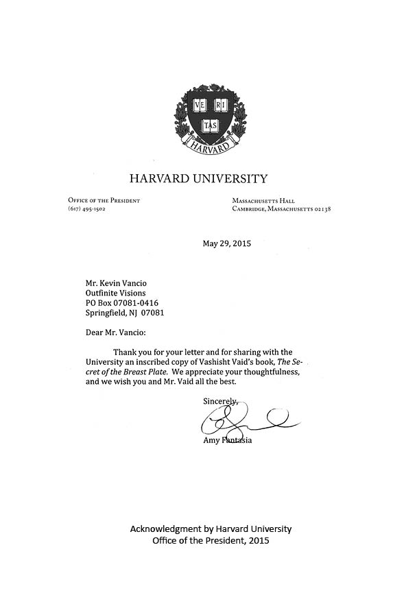 Letter from the office of the President of Harvard University